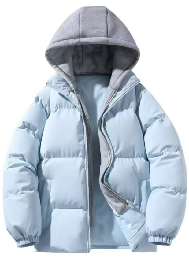 Layered Hooded Puffer Jacket — Light Blue