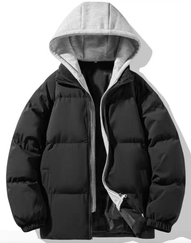 Layered Hooded Puffer Jacket — Black