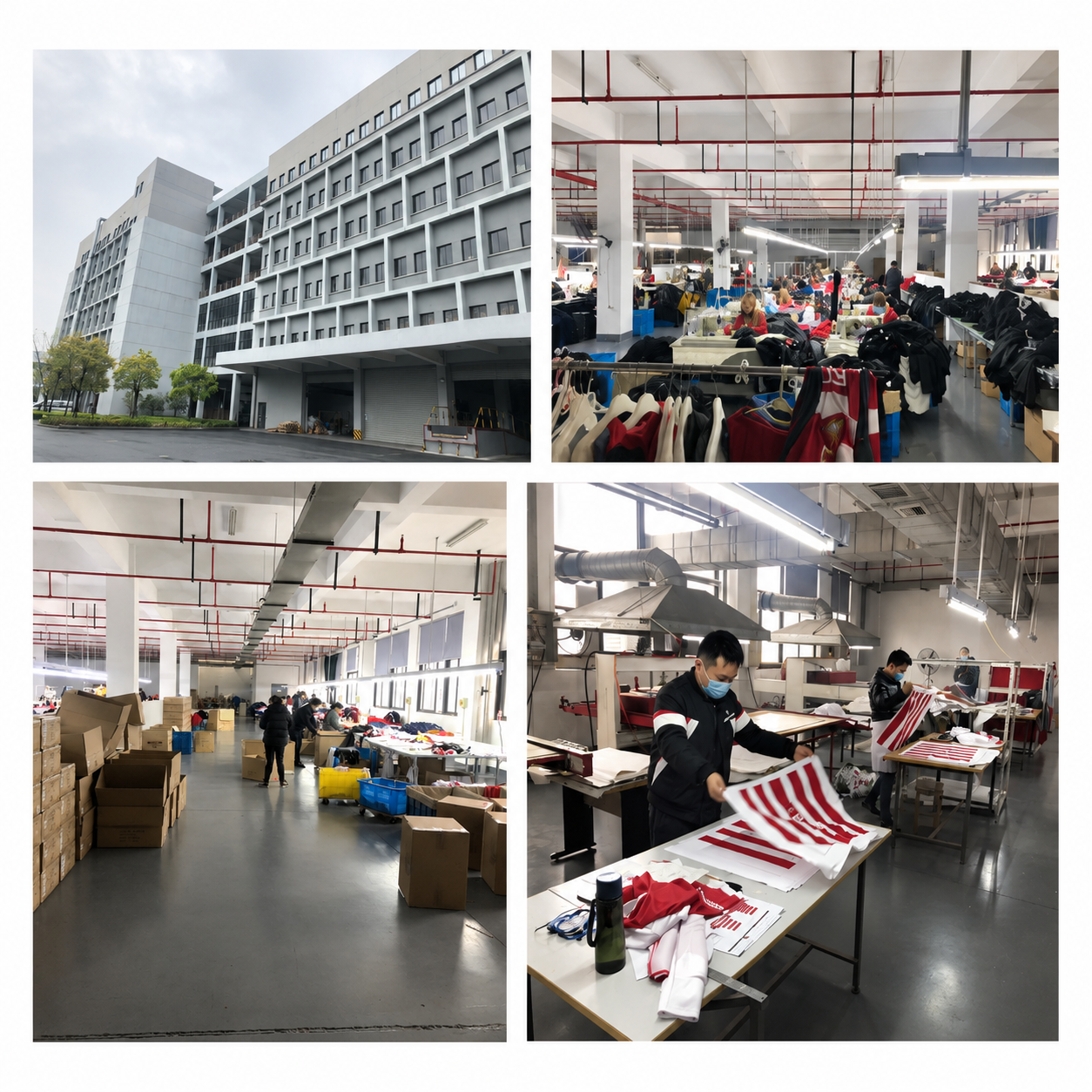 Combined apparel manufacturing overview board showing the factory exterior, production process, and packing area